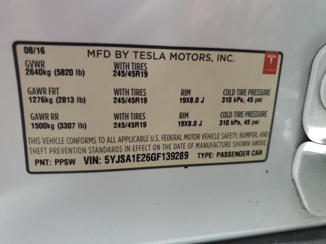 5YJSA1E26GF139289 - 2016 TESLA MODEL S 白色 照片 12