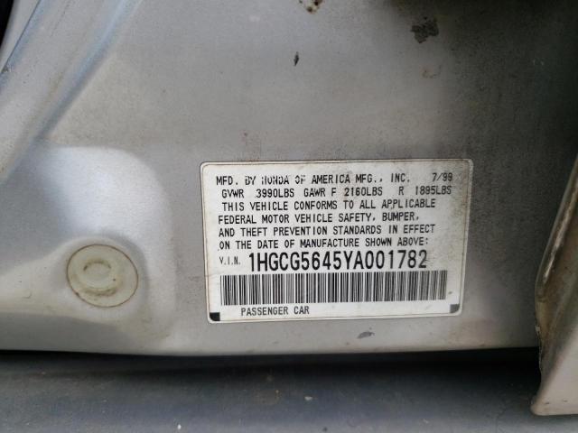 1HGCG5645YA001782 - 2000 HONDA ACCORD LX SILVER photo 12