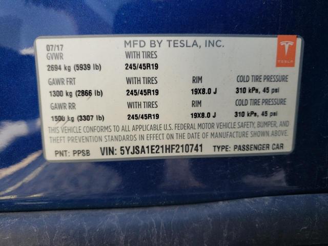 5YJSA1E21HF210741 - 2017 TESLA MODEL S 蓝色 照片 12