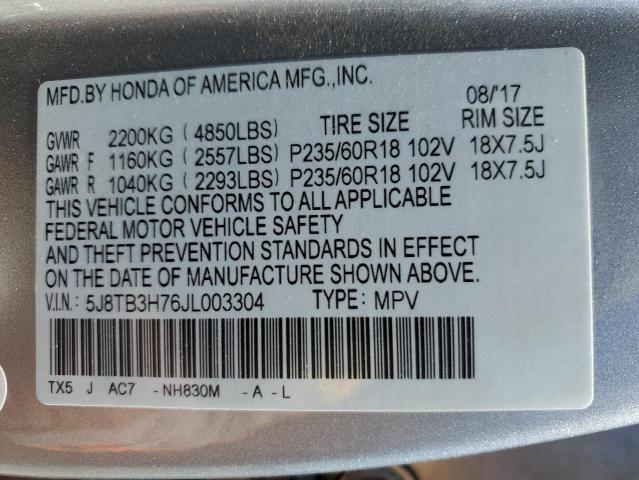 5J8TB3H76JL003304 - 2018 ACURA RDX ADVANCE SILVER photo 13