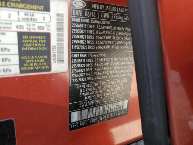 SALWR2WFXEA381759 - 2014 LAND ROVER RANGE ROVE HSE RED photo 13