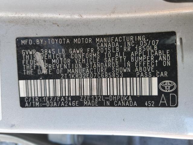 2T1KR32E07C685853 - 2007 TOYOTA COROLLA MA XR SILVER photo 12