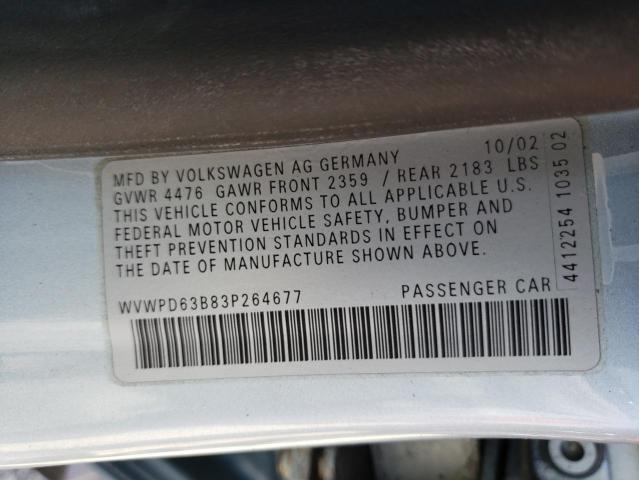 WVWPD63B83P264677 - 2003 VOLKSWAGEN PASSAT GLS SILVER photo 12