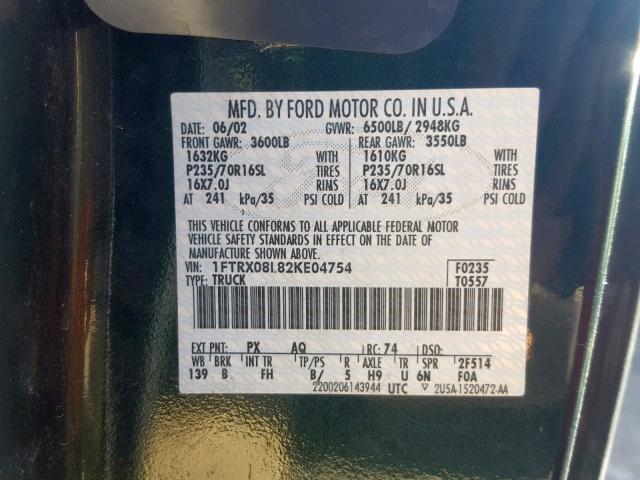 1FTRX08L82KE04754 - 2002 FORD F150  photo 10