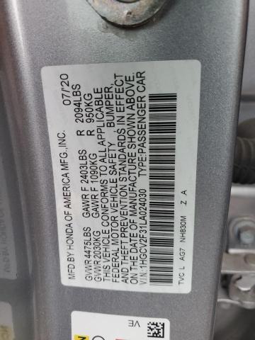 1HGCV2F31LA024030 - 2020 HONDA ACCORD SPORT 银色 照片 12