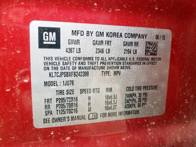 KL7CJPSBXFB242399 - 2015 CHEVROLET TRAX 1LS  photo 10