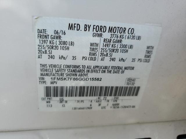 1FM5K7F86GGD15582 - 2016 FORD EXPLORER LIMITED WHITE photo 13