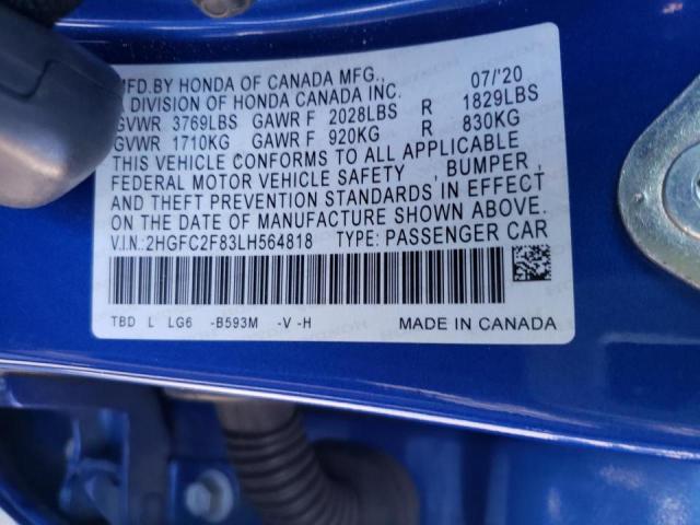 2HGFC2F83LH564818 - 2020 HONDA CIVIC SPORT 蓝色 照片 10