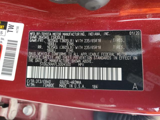 5TDGZRAH7LS004500 - 2020 TOYOTA HIGHLANDER XLE Կարմիր լուսանկար 13