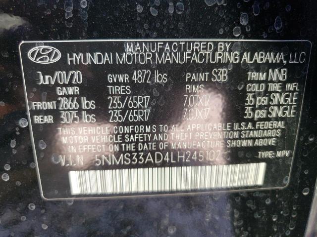 5NMS33AD4LH245102 - 2020 HYUNDAI SANTA FE SEL BLACK photo 13