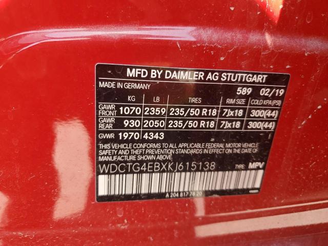 WDCTG4EBXKJ615138 - 2019 MERCEDES-BENZ GLA 250 Rojo foto 12