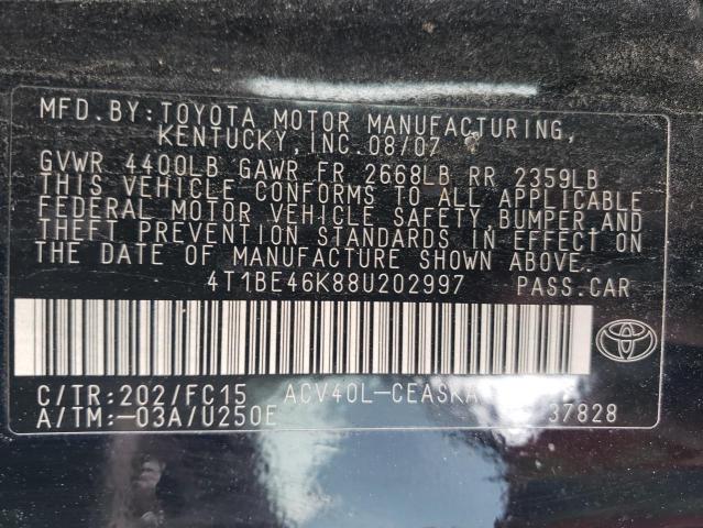 4T1BE46K88U202997 - 2008 TOYOTA CAMRY CE BLACK photo 12