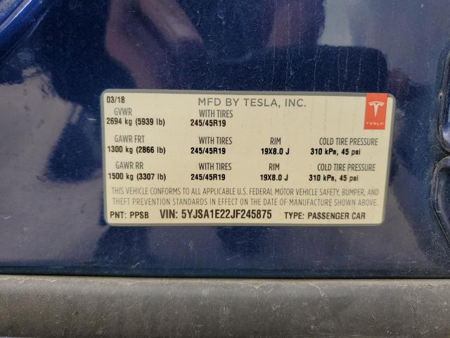 5YJSA1E22JF245875 - 2018 TESLA MODEL S ლურჯი ფოტო 12