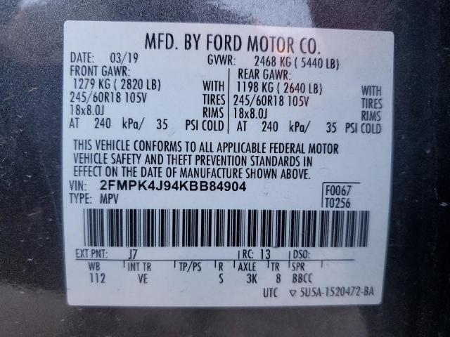 2FMPK4J94KBB84904 - 2019 FORD EDGE SEL GRAY photo 13