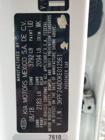 3KPF24AD0KE012561 - 2019 KIA FORTE FE WHITE photo 13