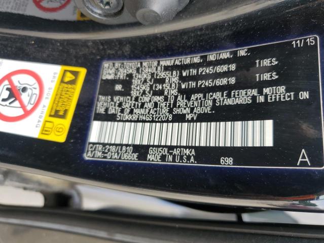 5TDKKRFH4GS122078 - 2016 TOYOTA HIGHLANDER XLE 黑色 照片 12