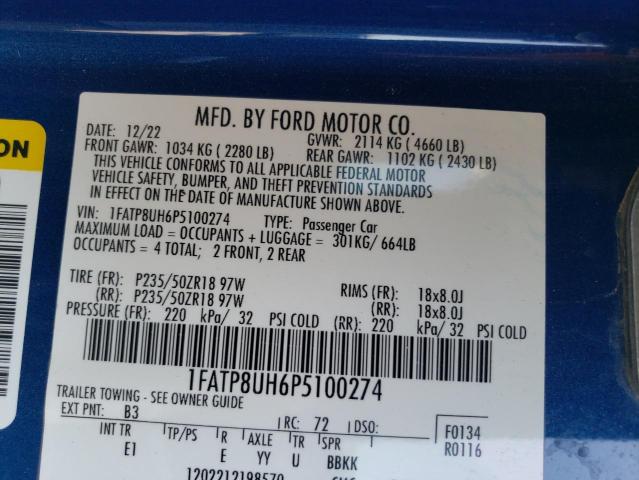 1FATP8UH6P5100274 - 2023 FORD MUSTANG BLUE photo 12