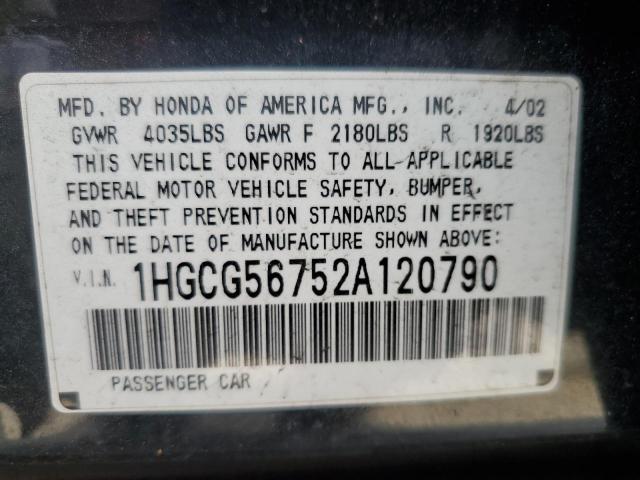 1HGCG56752A120790 - 2002 HONDA ACCORD SE BLACK photo 12