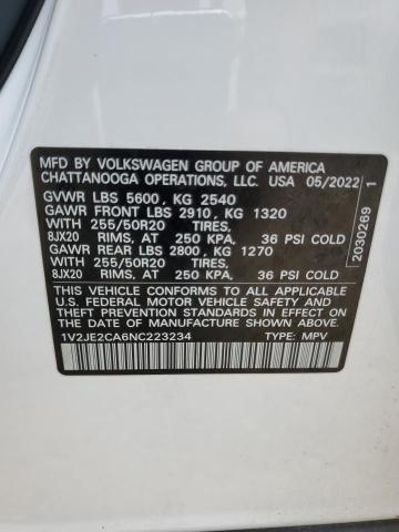 1V2JE2CA6NC223234 - 2022 VOLKSWAGEN ATLAS CROS SE WHITE photo 12