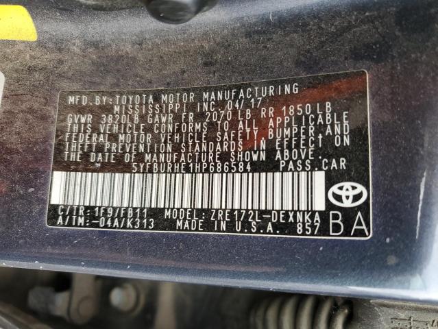 5YFBURHE1HP686584 - 2017 TOYOTA COROLLA L GRAY photo 13