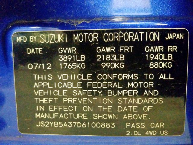 JS2YB5A37D6100883 - 2013 SUZUKI SX4  photo 10