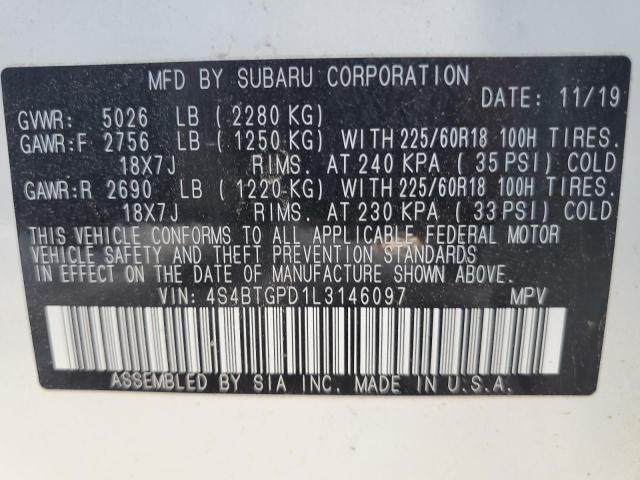 4S4BTGPD1L3146097 - 2020 SUBARU OUTBACK TOURING LDL WHITE photo 13