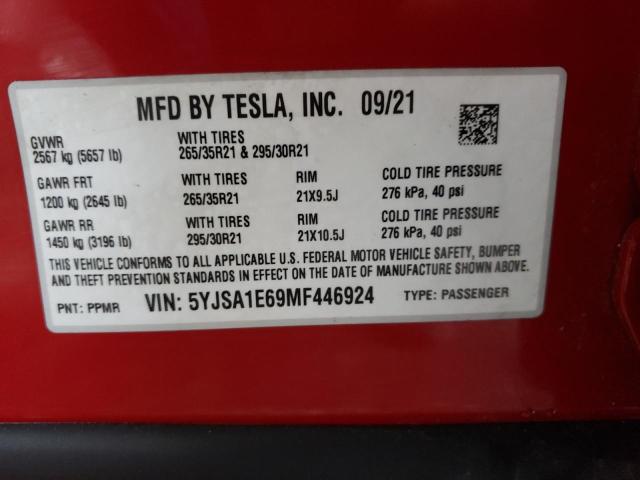 5YJSA1E69MF446924 - 2021 TESLA MODEL S Rojo foto 10