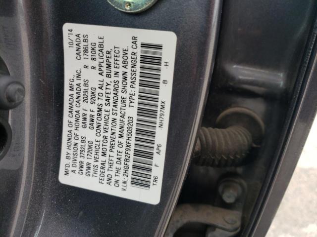 2HGFB2F9XFH509203 - 2015 HONDA CIVIC EXL 灰色 照片 12