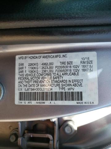 5J8TB4H30GL015234 - 2016 ACURA RDX SILVER photo 12