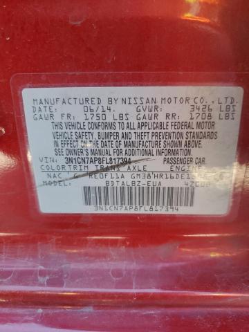 3N1CN7AP8FL817394 - 2015 NISSAN VERSA S RED photo 13