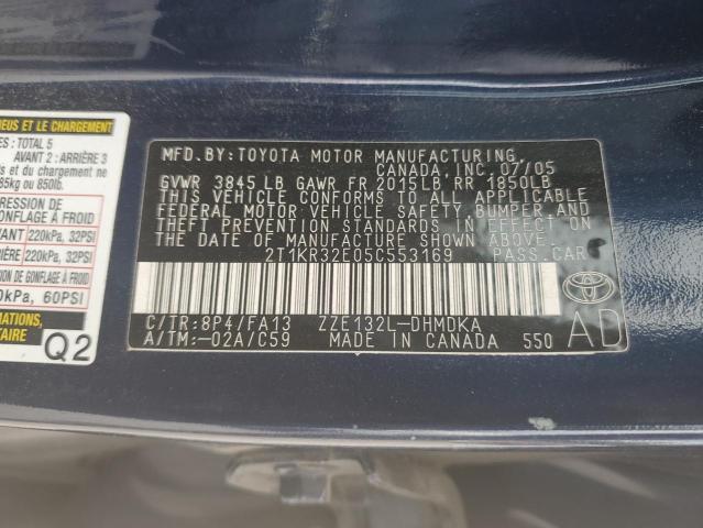 2T1KR32E05C553169 - 2005 TOYOTA COROLLA MA XR BLUE photo 12