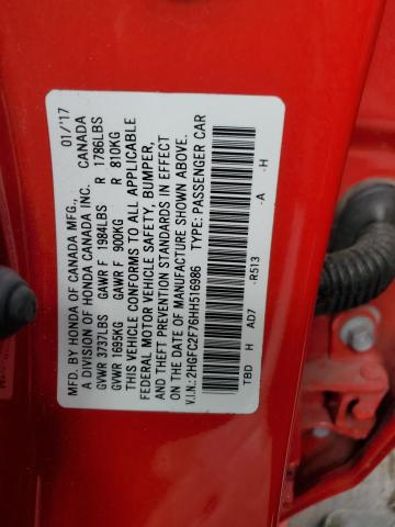 2HGFC2F76HH516986 - 2017 HONDA CIVIC EX RED photo 13