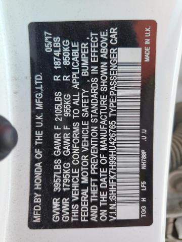 SHHFK7H99HU426765 - 2017 HONDA CIVIC SPORT TOURING WHITE photo 12