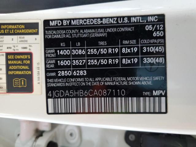 4JGDA5HB6CA087110 - 2012 MERCEDES-BENZ ML 350 4MATIC WHITE photo 12