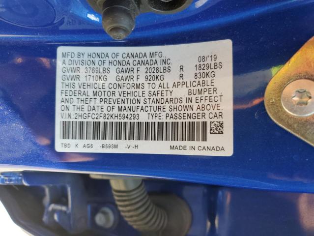 2HGFC2F82KH594293 - 2019 HONDA CIVIC SPORT 蓝色 照片 12