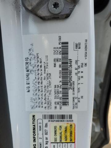 3FA6P0HD9KR136469 - 2019 FORD FUSION SE WHITE photo 12