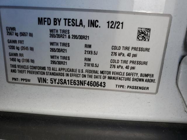 5YJSA1E63NF460643 - 2022 TESLA MODEL S WHITE photo 12