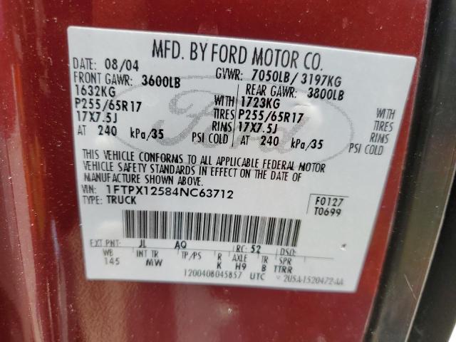 1FTPX12584NC63712 - 2004 FORD F150 MAROON photo 12