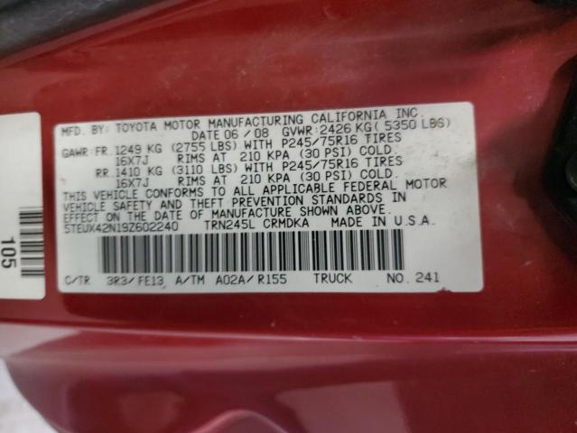 5TEUX42N19Z602240 - 2009 TOYOTA TACOMA ACCESS CAB RED photo 12
