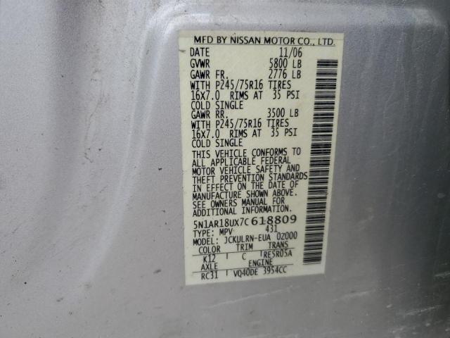 5N1AR18UX7C618809 - 2007 NISSAN PATHFINDER LE SILVER photo 13