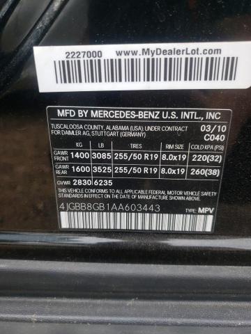 4JGBB8GB1AA603443 - 2010 MERCEDES-BENZ ML 350 4MATIC BLACK photo 12