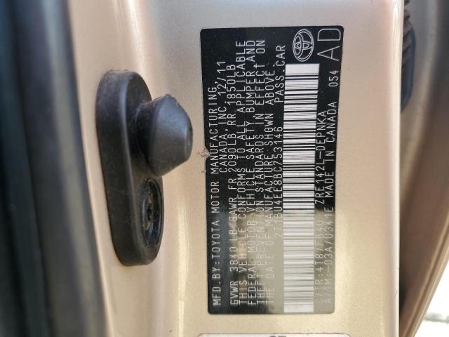 2T1BU4EE8BC753146 - 2011 TOYOTA COROLLA BASE BEIGE photo 12