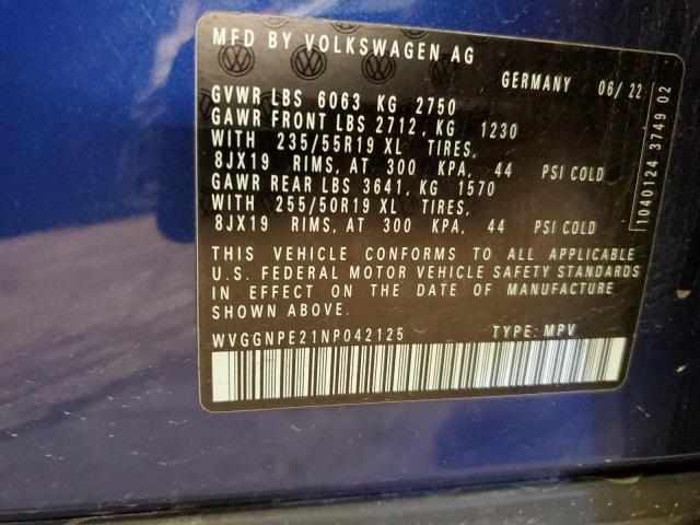 WVGGNPE21NP042125 - 2022 VOLKSWAGEN ID.4 PRO S BLUE photo 12