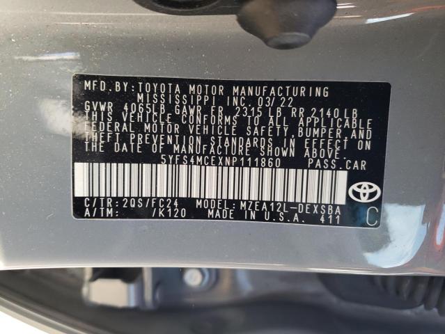 5YFS4MCEXNP111860 - 2022 TOYOTA COROLLA SE GRAY photo 12