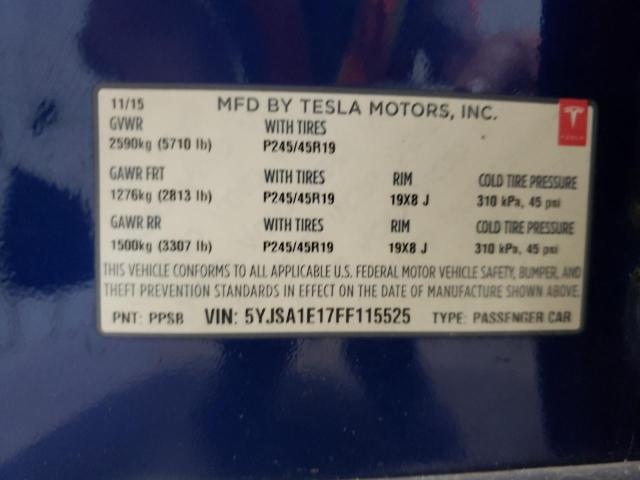 5YJSA1E17FF115525 - 2015 TESLA MODEL S BLUE photo 12