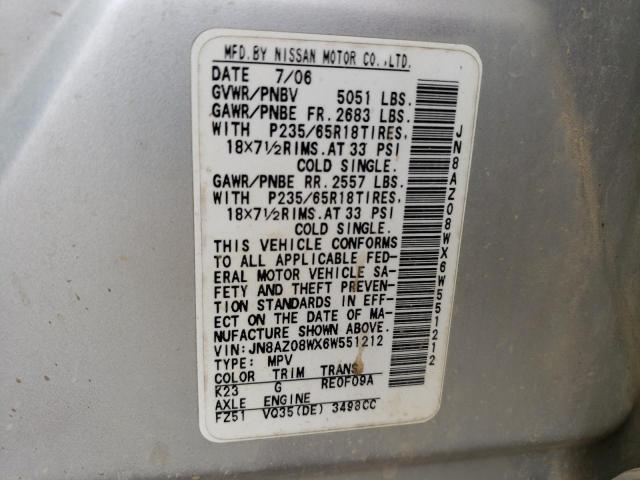 JN8AZ08WX6W551212 - 2006 NISSAN MURANO SL SILVER photo 13