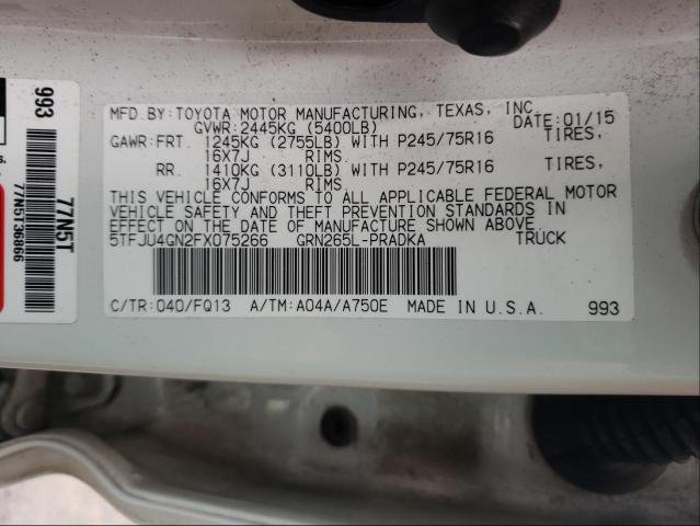 5TFJU4GN2FX075266 - 2015 TOYOTA TACOMA DOUBLE CAB PRERUNNER WHITE photo 10