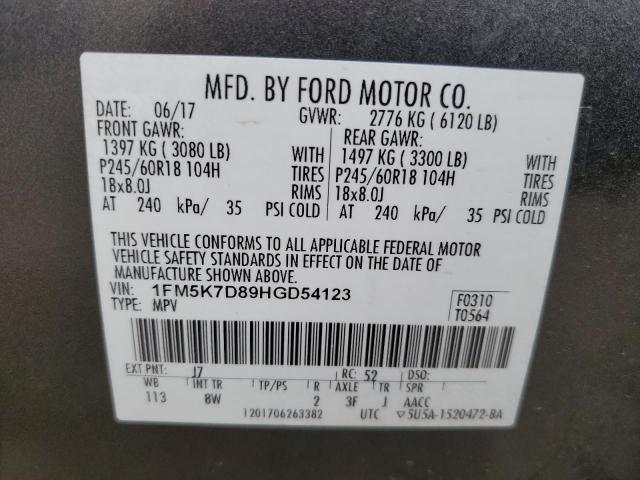 1FM5K7D89HGD54123 - 2017 FORD EXPLORER XLT GRAY photo 13