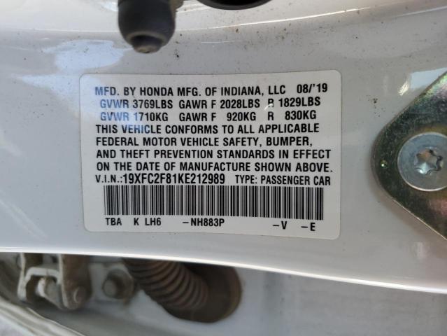 19XFC2F81KE212989 - 2019 HONDA CIVIC SPORT 白色 照片 12