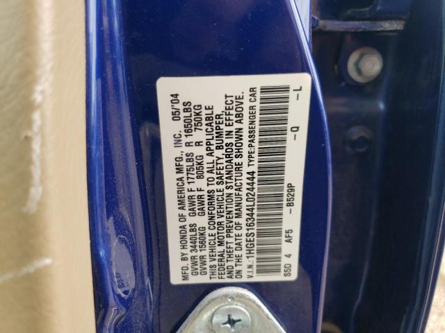 1HGES16344L024444 - 2004 HONDA CIVIC DX VP BLUE photo 10